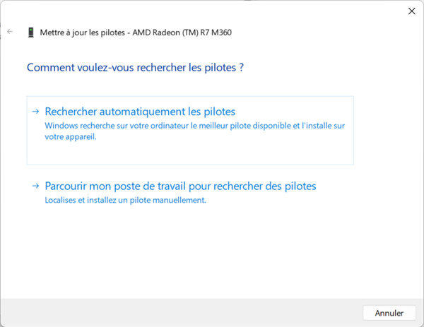 Cliquer sur "Rechercher automatiquement un pilote mis à jour"