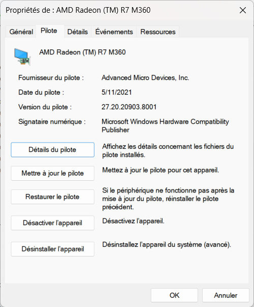 Choisir "Restaurer le pilote" ou "Désinstaller le périphérique"