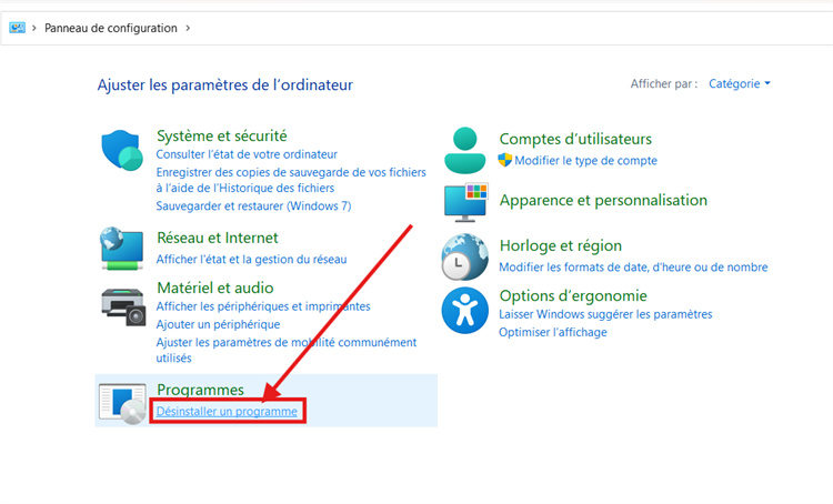 Accéder à l'emplacement "Désinstaller un programme"