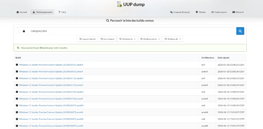 Sélectionner une build Windows sur UUP Dump