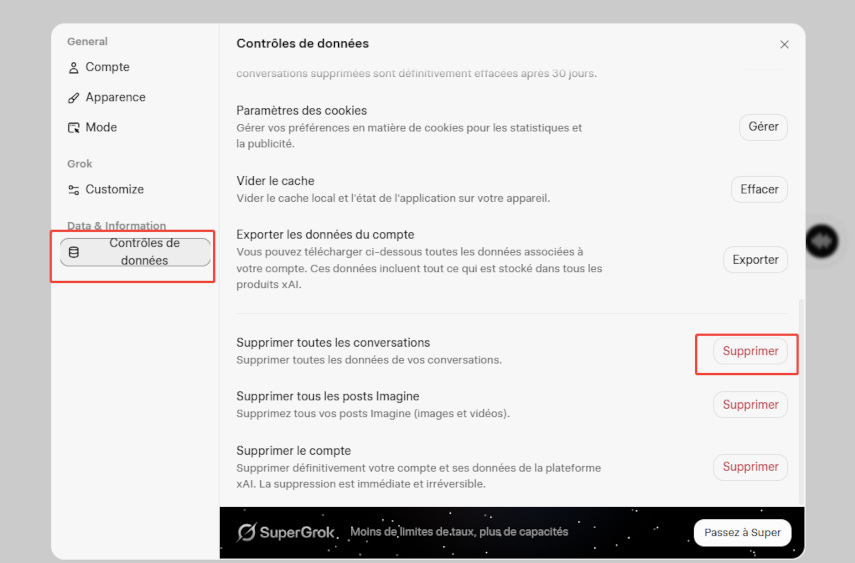 Supprimer toutes les conversations Grok sur PC