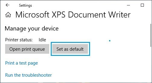 set microsoft xps document writer default printer