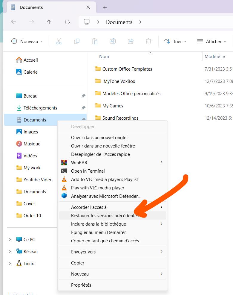 choose restore from previous-versions option
