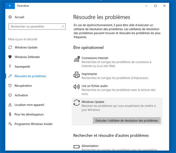 Exécuter l'outil de dépannage