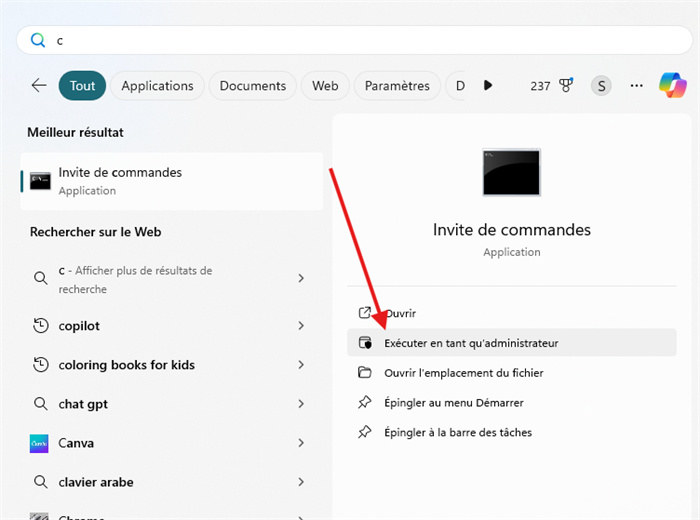 Saisissez la commande dans la barre.