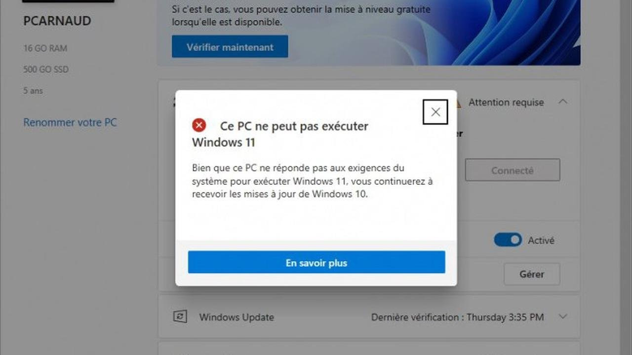 ce pc ne peut pas exécuter windows 11