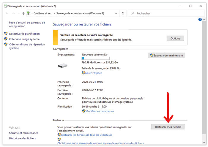 cliquer sur Restaurer mes fichiers