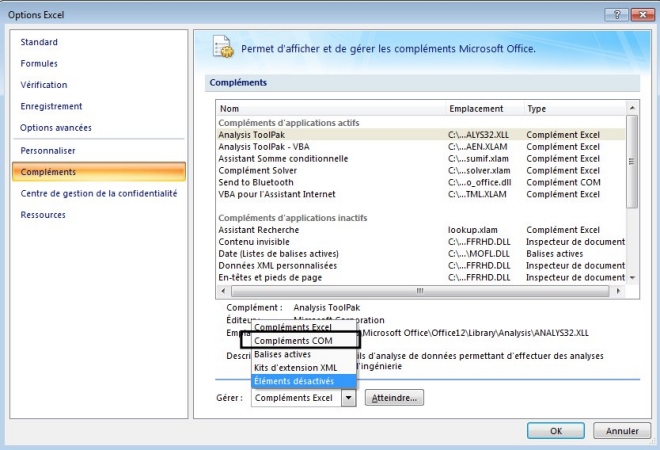 compléments COM de Excel
