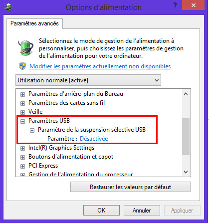 désactiver les paramètres de suspension sélective USB