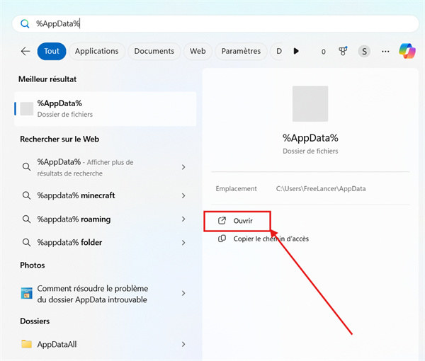 Ouvrez AppData