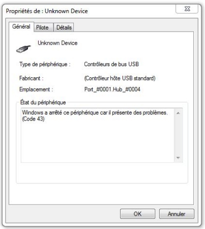 Windows a arrêté ce périphérique car il présente des problèmes. (code 43)