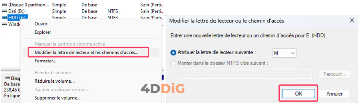 Modifier la lettre de lecteur et les chemins
