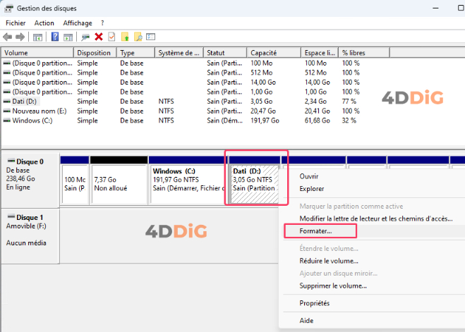 Formatage avec Windows