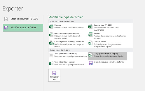 modifier le type de fichier excel