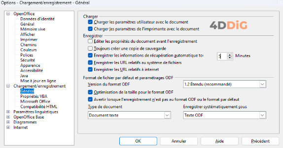 activer la sauvegarde automatique dans OpenOffice