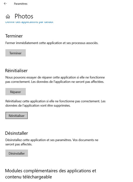 Réinitialiser l'application Photos