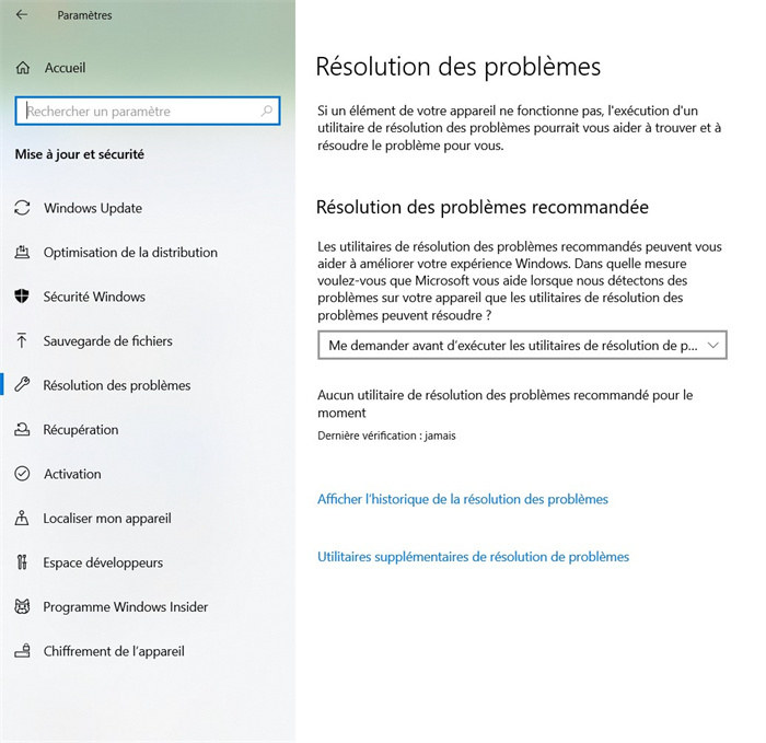 Effectuer l'utilitaire de résolution des problèmes de Windows