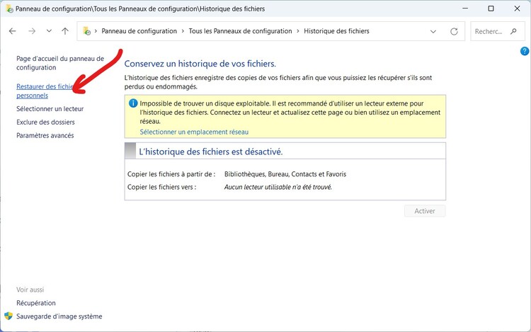choose the restore personal files