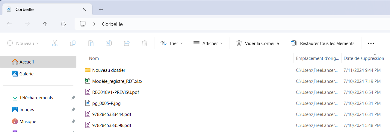 vérifier les fichiers dans la corbeille