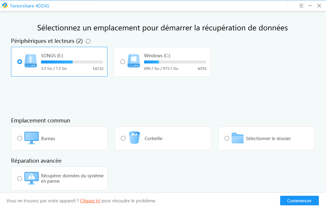 sélectionner la clé usb pour analyser avec Ternorshare 4DDiG