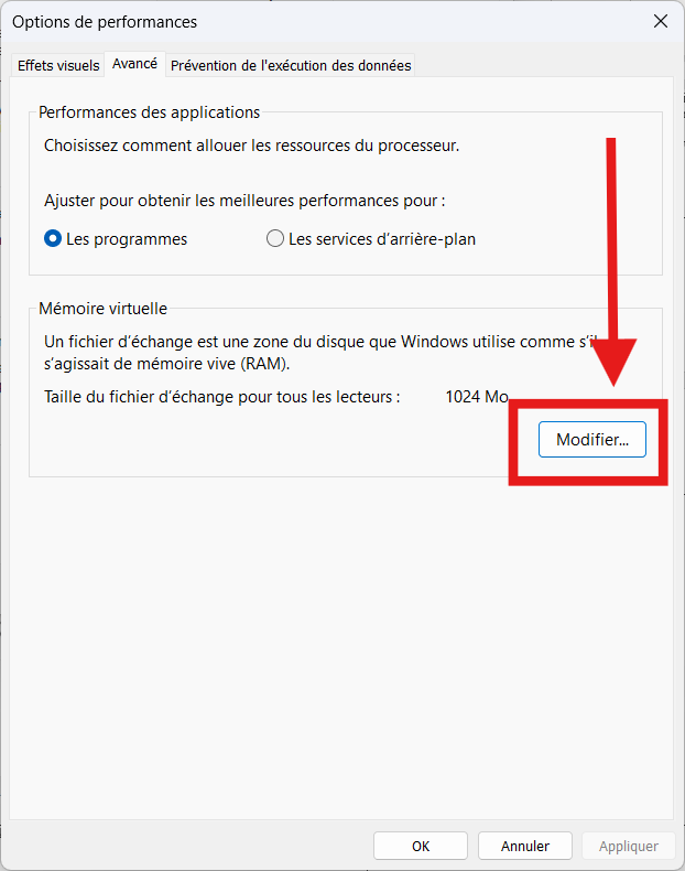 under virtual memory click change