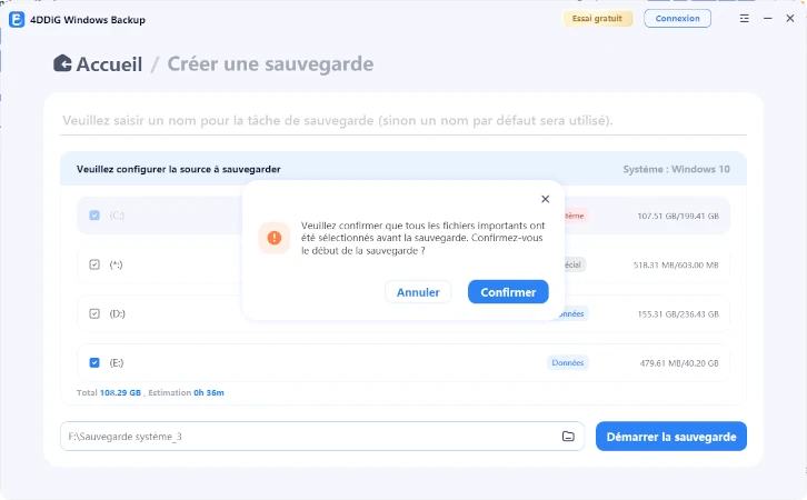 cliquer sur démarrer et confirmer pour sauvegarder