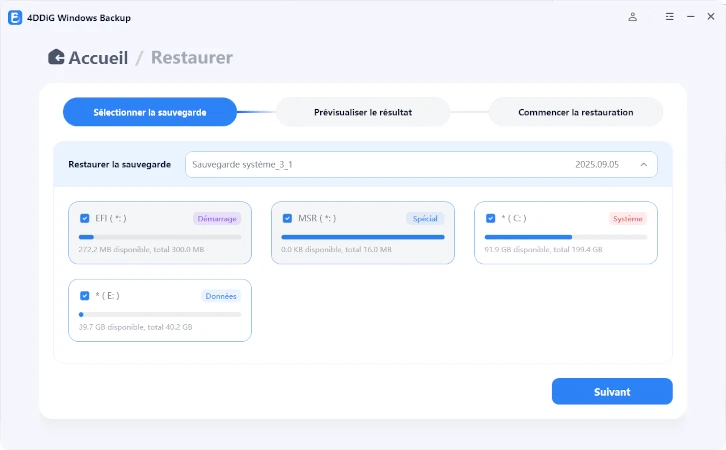 sélectionner l’archive et les partitions à restaurer