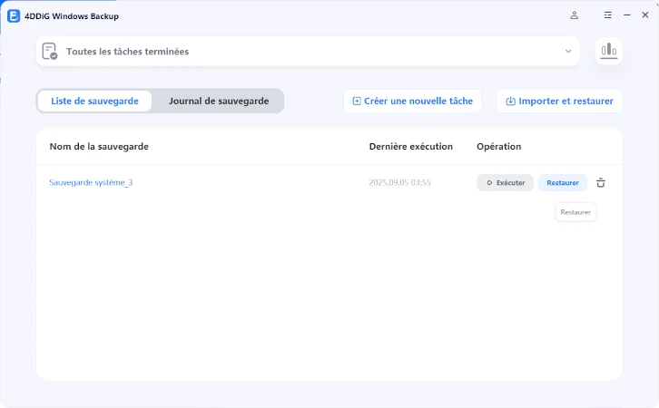 sélectionner une sauvegarde et cliquer sur restaurer