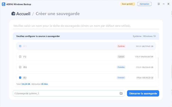 sélectionnez la partition et l'emplacement pour la sauvegarde