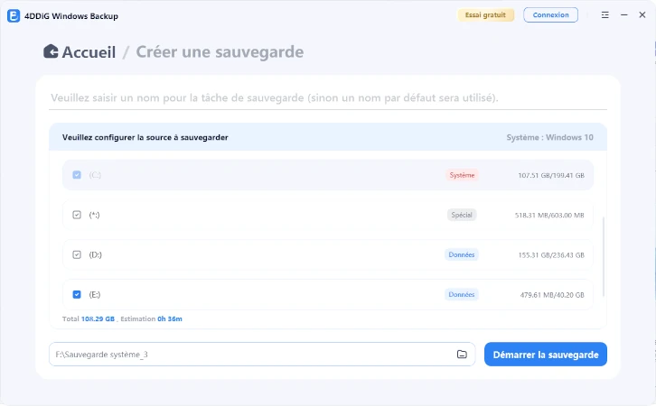 sélectionner les partitions à sauvegarder et l’emplacement