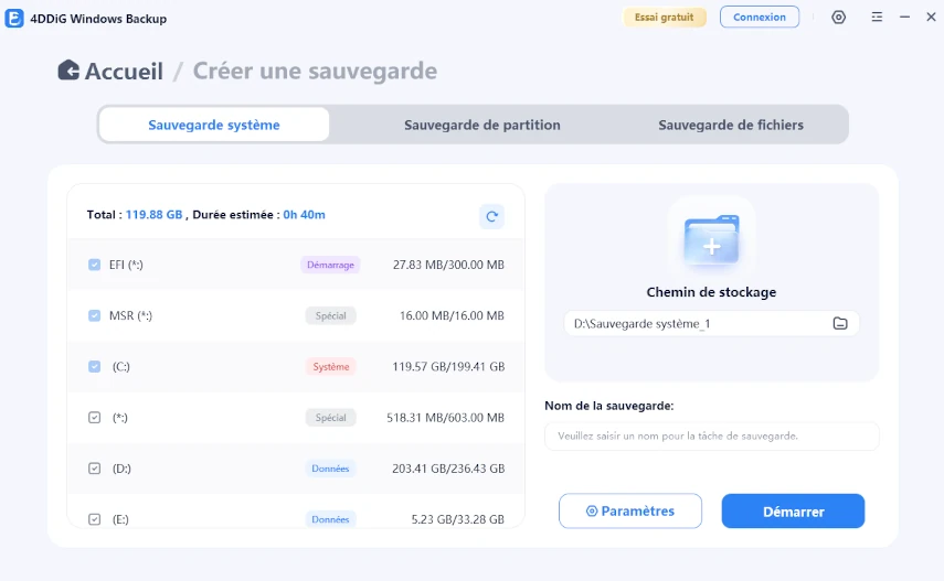 paramètres de sauvegarde