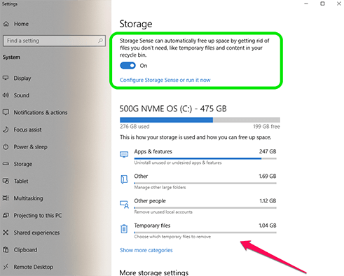 windows settings to clear cache