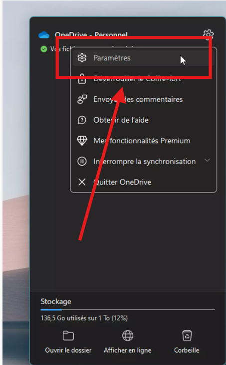 move onedrive folder by selecting settings