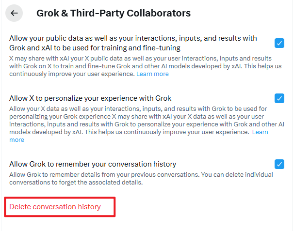 delete conversation history on x