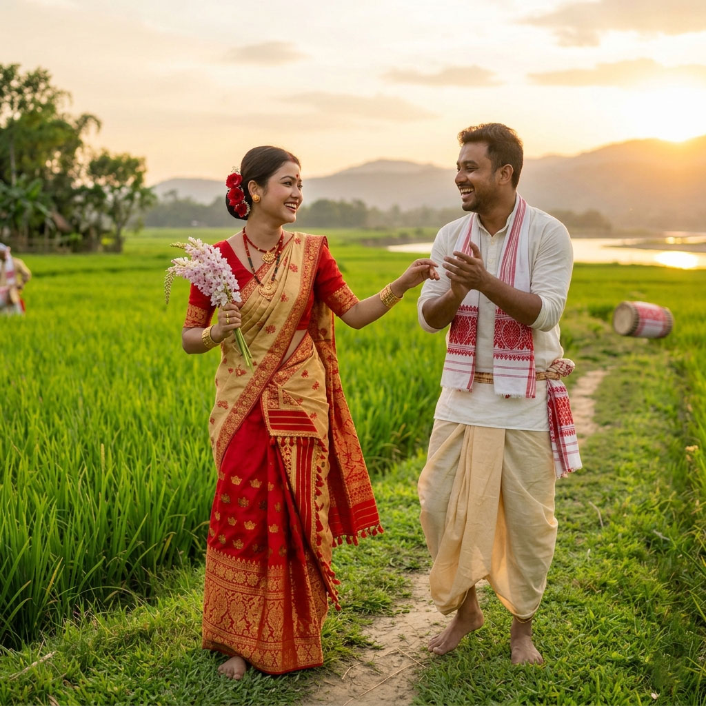 bohag bihu couple in paddy field