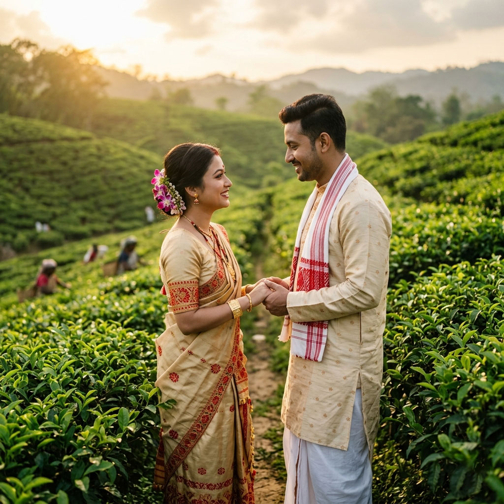 romantic bihu couple in tea garden