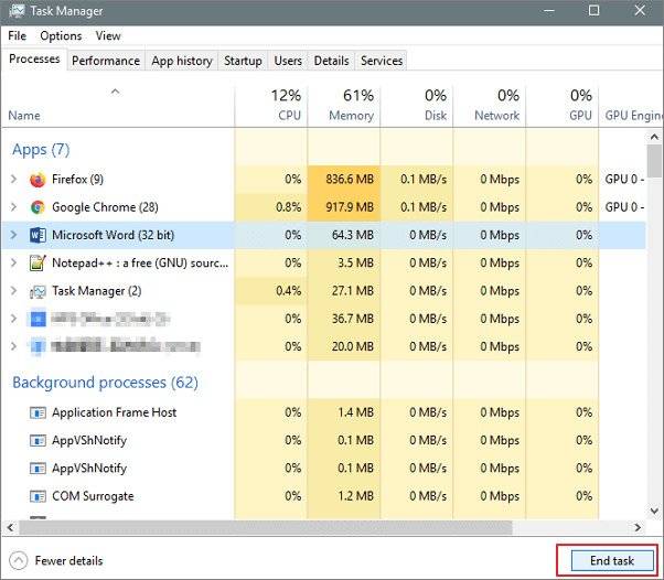 check word in task manager