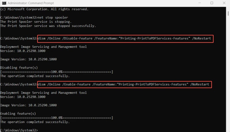 dism enable and disable printtopdfservices feature