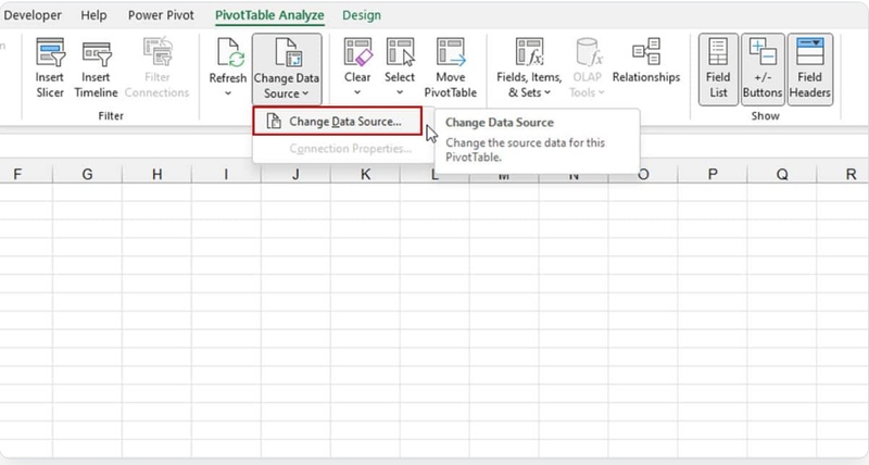 excel pivottable change data source