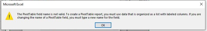 pivot table field name is not valid