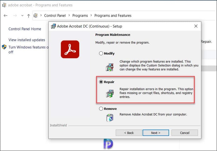 repair adobe acrobat to fix windows applications error