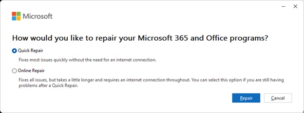 repair microsoft 365 office program