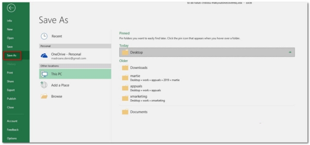 guardar excel en la unidad local