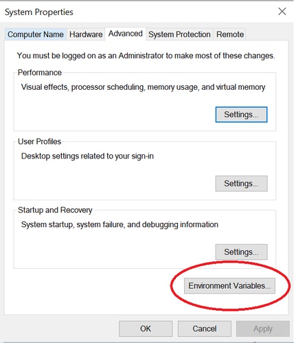 system environment variables option