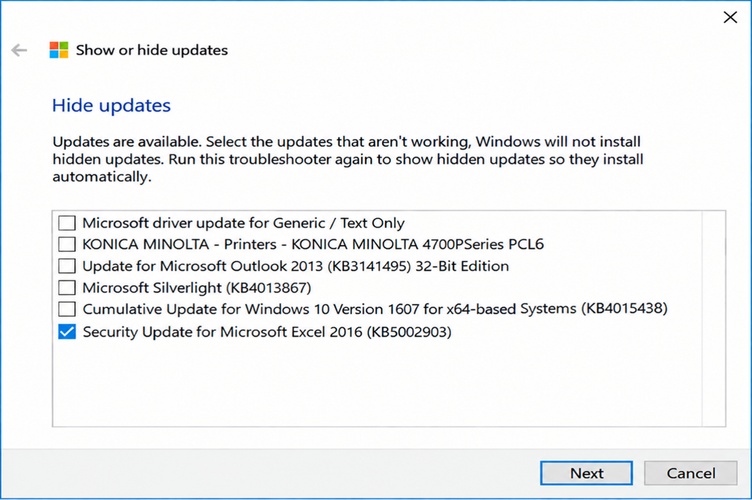 windows hide kb5002903 to fix excel16 not opening xls