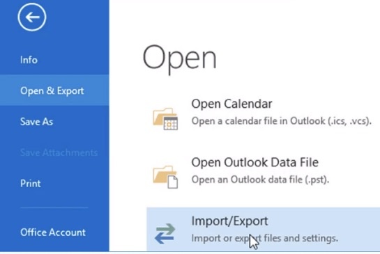 choose import or export from outlook