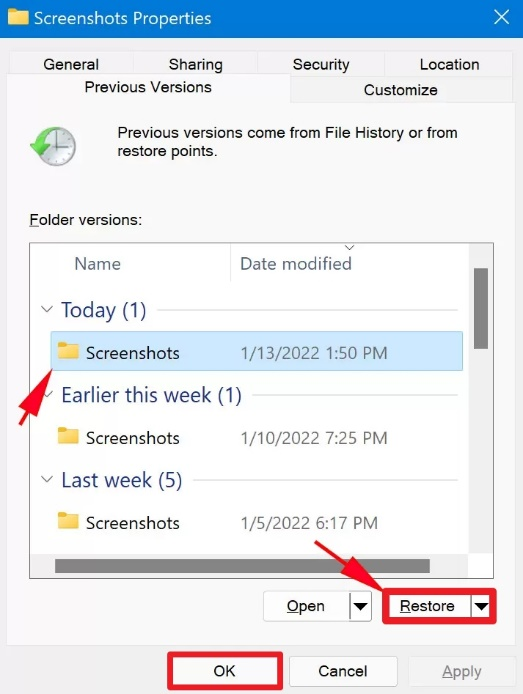 haga clic en versiones anteriores