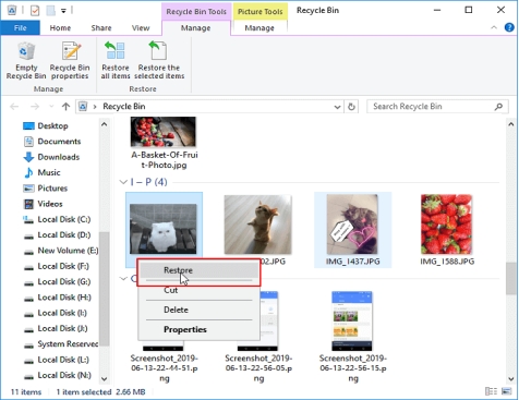 Déplacement des photos supprimées