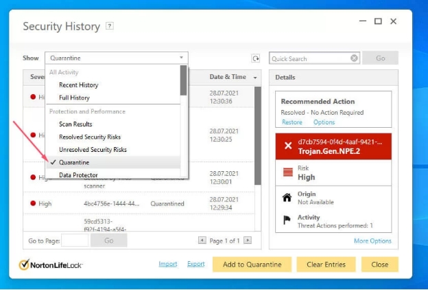 격리 폴더에서 Norton 삭제된 파일 복구하기