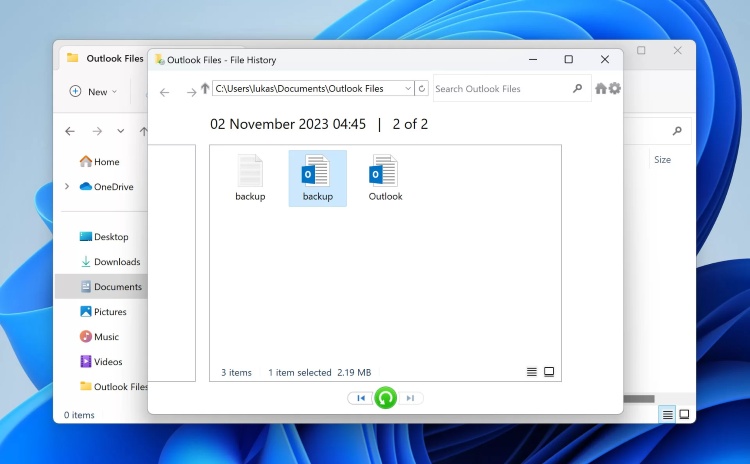 recover pst files from file history